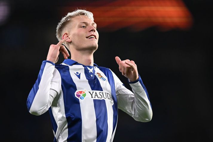 Orri Steinn Óskarsson skoraði bæði mörk Real Sociedad gegn PAOK í gærkvöld.