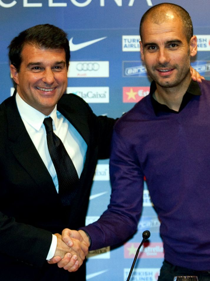 Joan Laporta með Pep Guardiola þjálfara Barcelona.