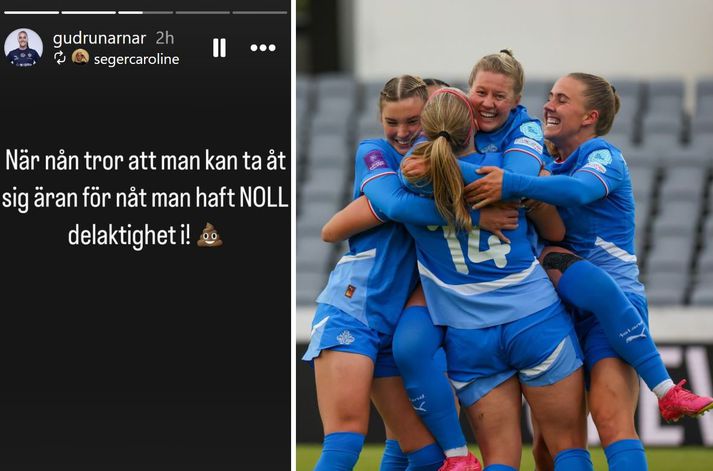 Guðrún Arnardóttir, til hægri á mynd að fagna marki Íslands gegn Austurríki í sumar, deildi í dag færslu Caroline Seger með gagnrýni á yfirmann knattspyrnumála hjá Rosengård.