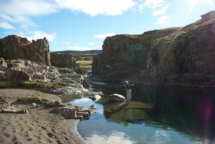 Veiðimaður mundar stöngina í Stóru-Laxá.