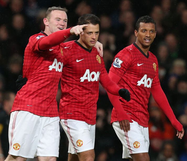 Rooney, Javier Hernandez og Nani fagna marki.