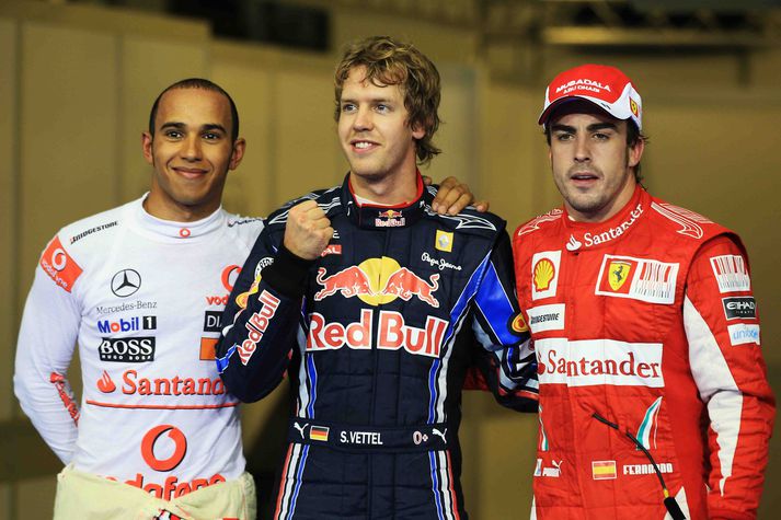 Kapparnir sem urðu efstir í kosningu framkvæmdarstjóra keppnisliða, Lewis Hamilton, Sebastian Vettel og Fernando Alonso.