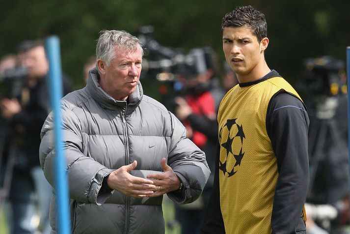 Sir Alex og Ronaldo á æfingu hjá Manchester United forðum daga.