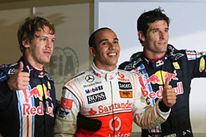 Fremstu menn á ráslínu í dag. Sebastian Vettel, Lewis Hamilton og Mark Webber.