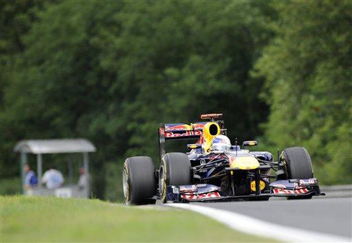 Sebastian Vettel á Hungaroring brautinni og skógurinn í baksýn.