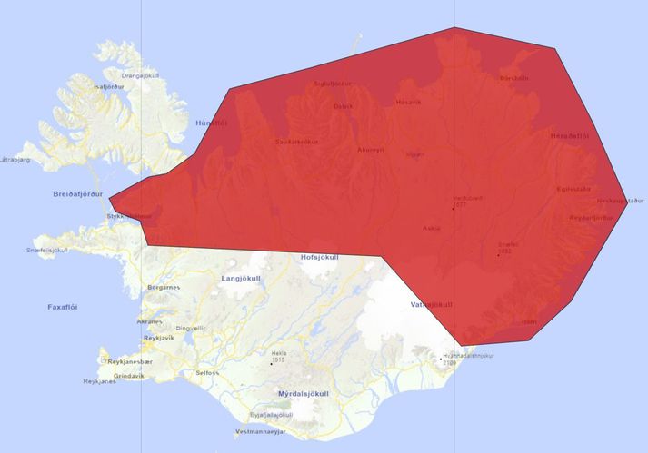 Eins og sjá má nær rafmagnsleysið yfir stóran hluta landsins.