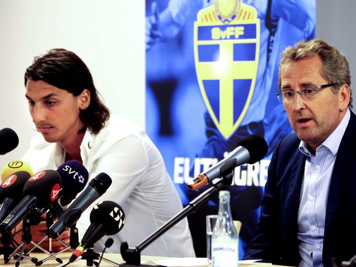 Zlatan Ibrahimovic og Erik Hamrén á blaðamannafundinum í dag.