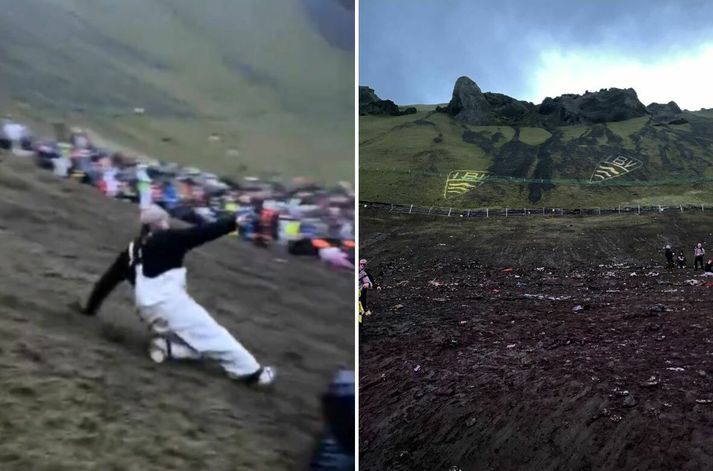 Fjölmargir lentu illa í því og runnu niður brekkuna í Herjólfsdal sem lítur alls ekki vel út eftir helgina.