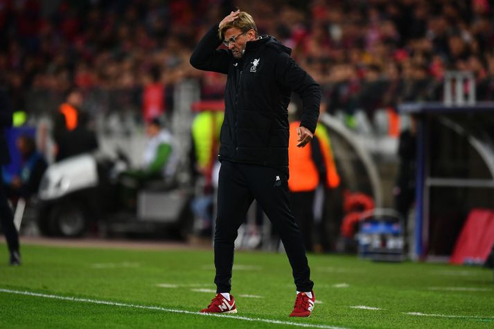 Jürgen Klopp, knattspyrnustjóri Liverpool, átti oft erfitt með sig á hliðarlínunni í gær.