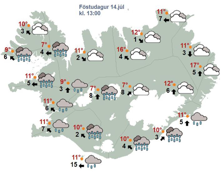 Veðurspáin í hádeginu í dag er blaut - nema þá helst á Norðausturlandi.