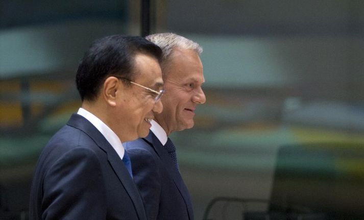 Li Keqiang, forsætisráðherra Kína, og Donald Tusk, forseti leiðtogaráðs ESB, á fundi sínum í Brussel fyrr í dag.