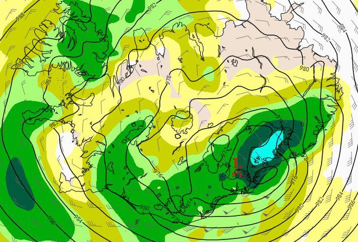 Úrkomuspá Veðurstofu Íslands fyrir klukkan 15 á mánudag.