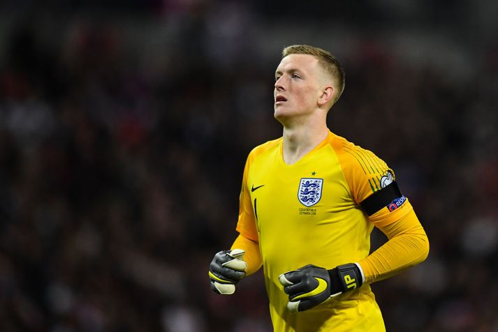 Jordan Pickford í landsleik.