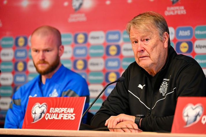 Åge Hareide og Aron Einar Gunnarsson sátu fyrir svörum í dag.