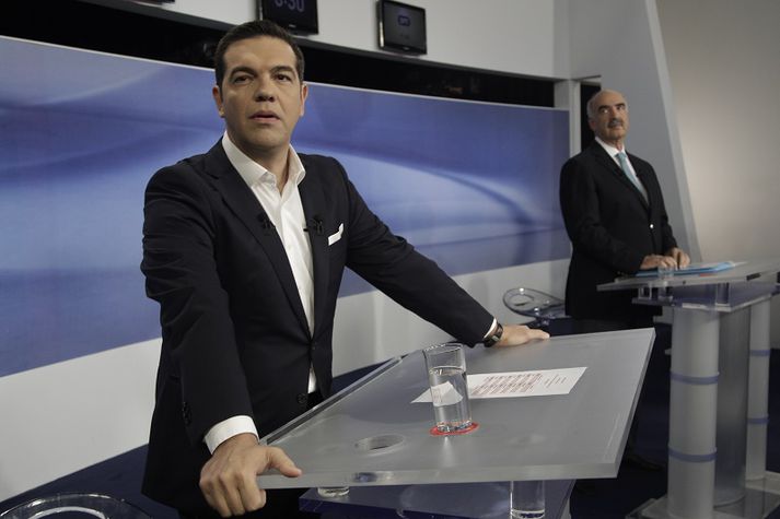 Alexis Tsipras og Vangelis Meimarakis í sjúnvarpssal í gær.