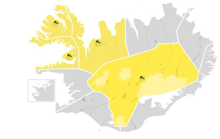 Gular viðvaranir taka gildi í dag og gilda út daginn á miðhálendi, Vestfjörðum og Norðvesturlandi.