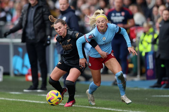 Chloe Kelly skoraði eitt og lagði upp annað í mikilvægum sigri Manchester City í dag. 