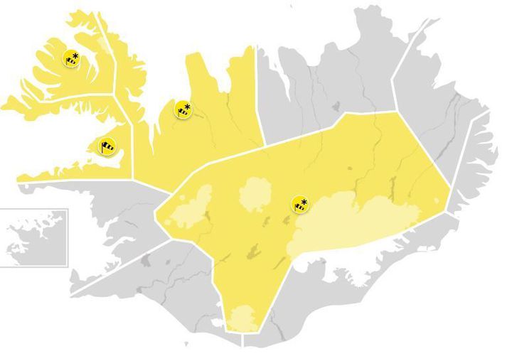 Viðvaranirnar í umræddum landshlutum taka gildi annað kvöld og verða allar í gildi fram á föstudagsmorgun.