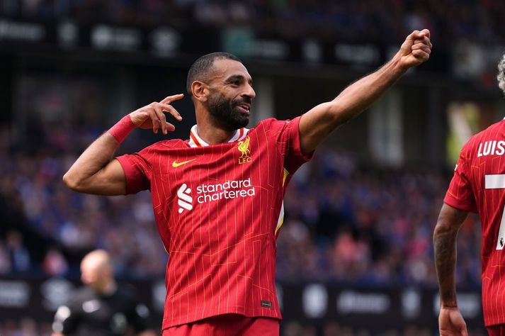 Mohamed Salah hitti í mark í dag þegar Liverpool vann Ipswich, 2-0.