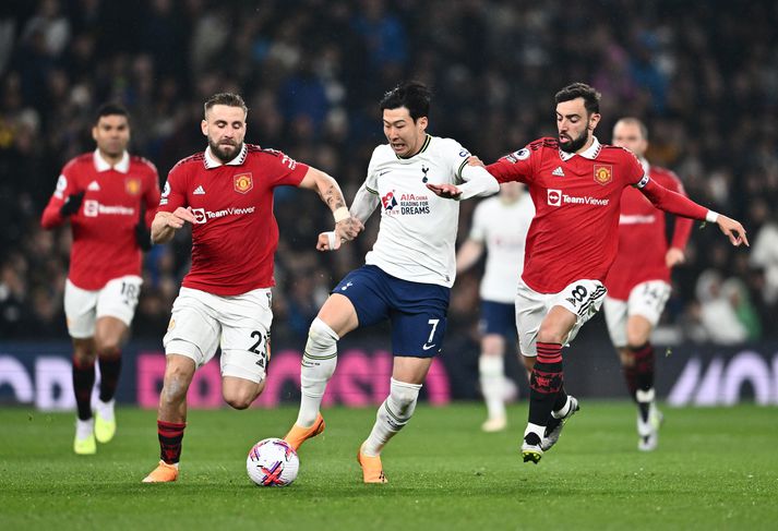 Heung-Min Son skoraði jöfnunarmark Tottenham gegn Manchester United í kvöld.
