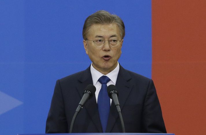 Moon Jae-in sór embættiseiðinn í þinghúsinu í höfuðborginni Seúl í morgun.