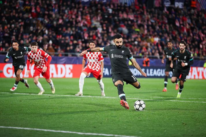 Mohamed Salah skorar mark Liverpool gegn Girona í Meistaradeild Evrópu á þriðjudaginn.