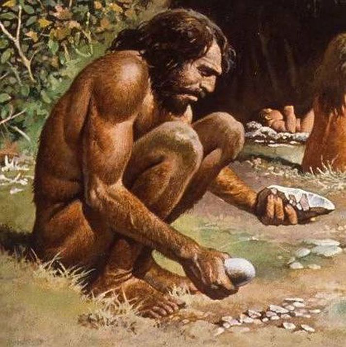 Teikning af Neanderdalsmanni. Neanderdalsmenn voru frummenn sem komu til Evrópu frá Afríku fyrir 400 til 800 þúsund árum og dóu út fyrir um 30 þúsund árum.