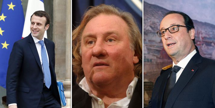 Emmanuel Macron, Gerard Depardieu og Francois Hollande.