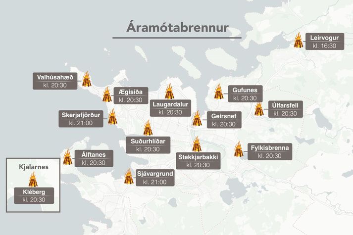 Hér má sjá kort yfir áramótabrennurnar sem verða haldnar í kvöld.