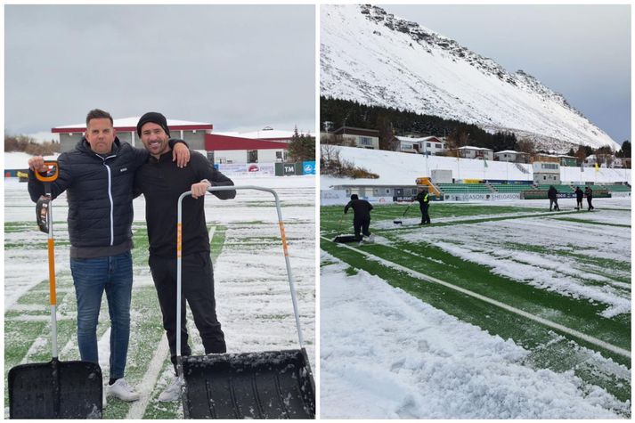 Samúel Samúelsson, formaður meistaraflokksráðs karla hjá Vestra og Davíð Smári Lamude, þjálfari karlaliðs Vestra eru meðal þeirra manna sem þessa stundina eru að handskafa Kerecisvöllinn á Ísafirði því að á morgun fer fram mikilvægasti leikur Vestra í Bestu deildinni.