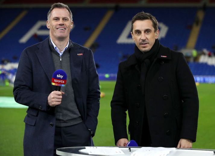 Cardiff City v Wolverhampton Wanderers - Premier League - Cardiff City Stadium Sky Sports pundits Jamie Carragher (left) and Gary Neville (Photo by Nick Potts/PA Images via Getty Images)