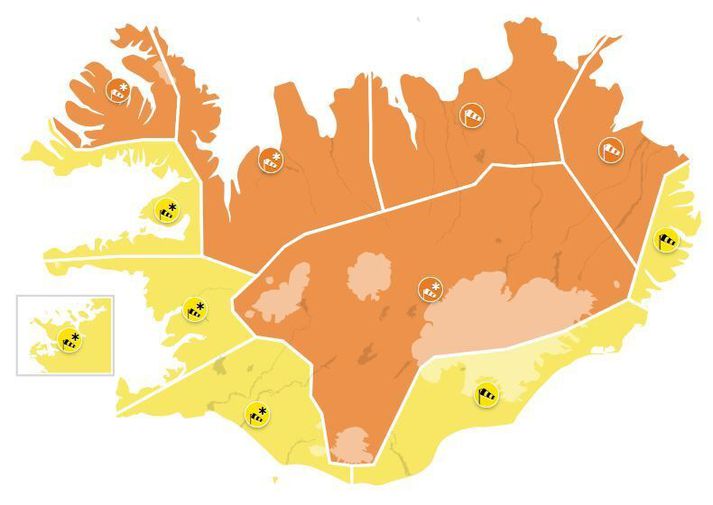 Gular og appelsínugular viðvaranir taka gildi, fyrst austantil, nú í morgunsárið en milli 15 og 19 verða viðvaranir í gildi um allt land.