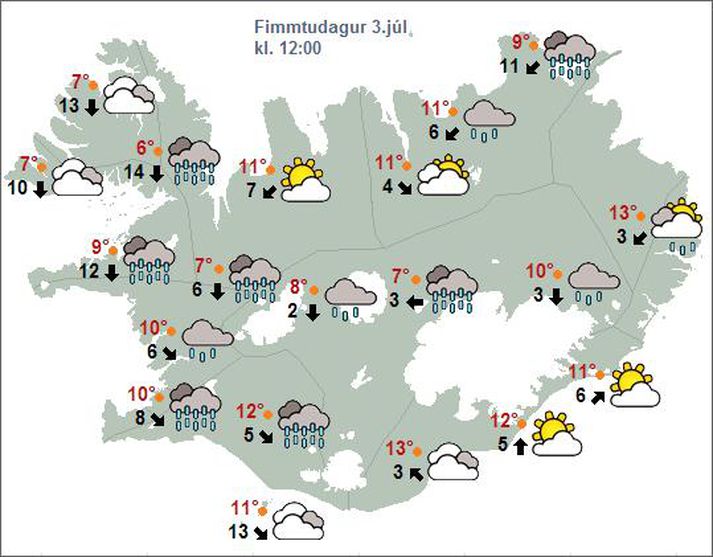 Veðurkort frá Veðurstofunni -- víða er votviðrasamt og vindur.