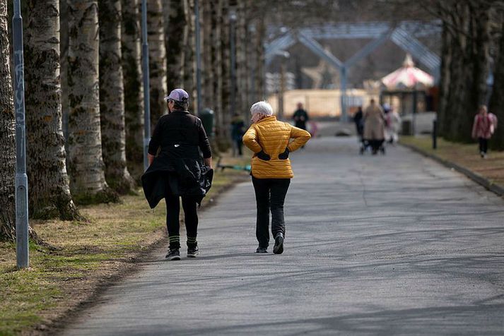 Tvær öflugar á besta aldri á göngu í Laugardalnum. Fróðlegt verður að sjá hvort margir grípi gæsina á morgun, skelli sér í bíó og hitti skemmtilegt fólk.