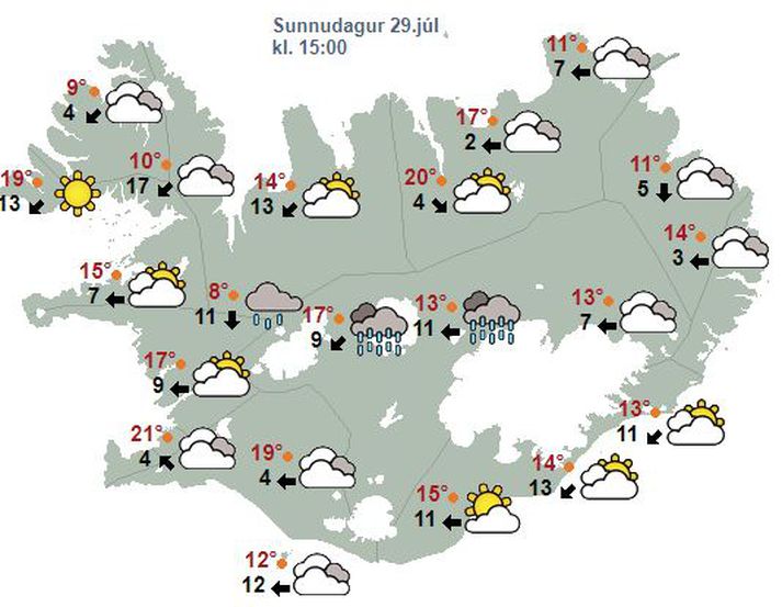 Um tvöleytið komu fyrstu rigningardroparnir en úrhellirigningu er spáð klukkan 18.