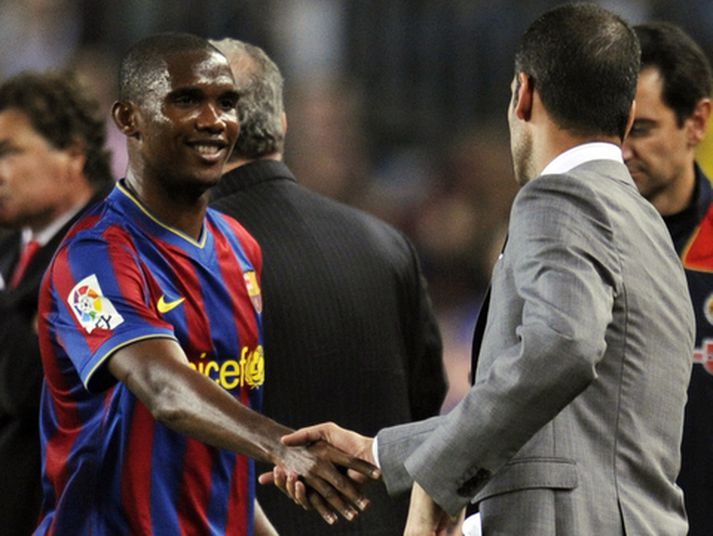 Samuel Eto'o framherji Barcelona og þjálfarinn Pep Guardiola.