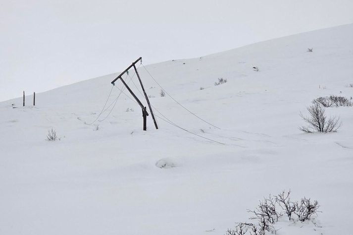 Nokkur fjöldi rafmagnsstaura brotnaði í óveðrinu.