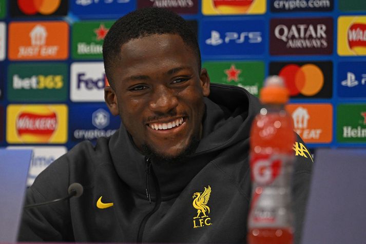 Það lá mjög vel á Ibrahima Konate á blaðamannafundi fyrir leik Liverpool á móti Lille í Meistaradeildinni.