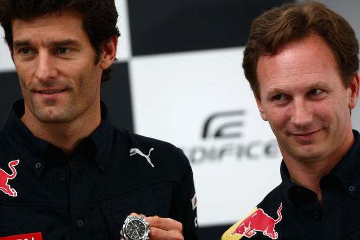 Mark Webber og Chrstian Horner hjá Red Bull á úrakynningu í dag þar sem þeir ræddu fjaðrafokð á Silverstone á dögunum.