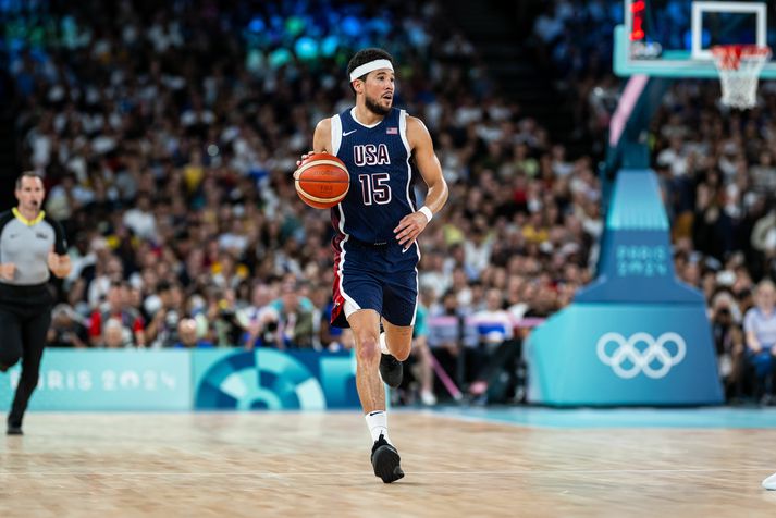 Devin Booker var stigahæstur Bandaríkjamanna.