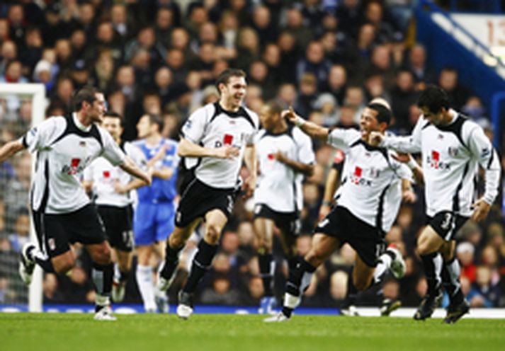 Leikmenn Fulham ærðustu af fögnuði þegar Moritz Volz kom þeim yfir gegn Chelsea í dag.