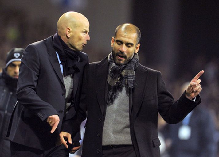 Ståle Solbakken og Pep Guardiola eftir leikinn í gær.