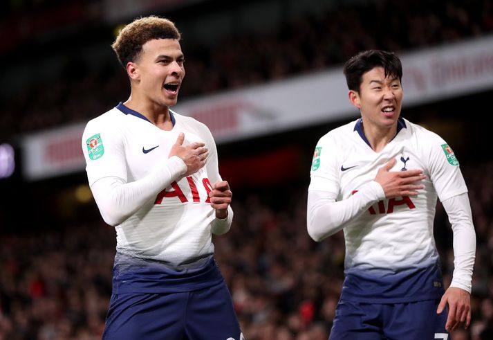 Heung-Song Min og Dele Alli fagna.