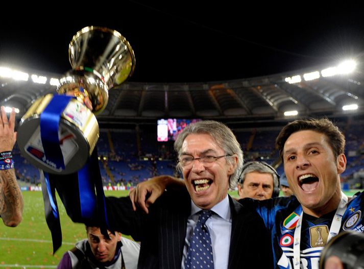 Moratti fagnar ítalska bikarnum ásamt Javier Zanetti