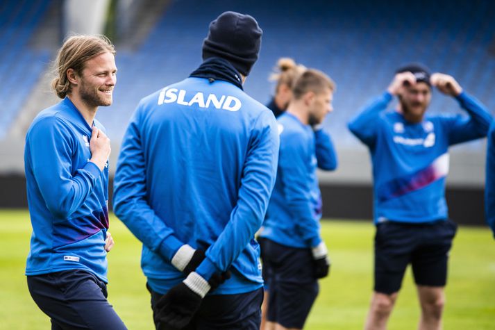 Birkir Bjarnason á æfingu með landsliðinu í gær.