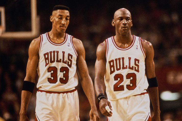 Scottie Pippen og Michael Jordan sjást hér saman í lokaúrslitum NBA deildarinnar 1993.