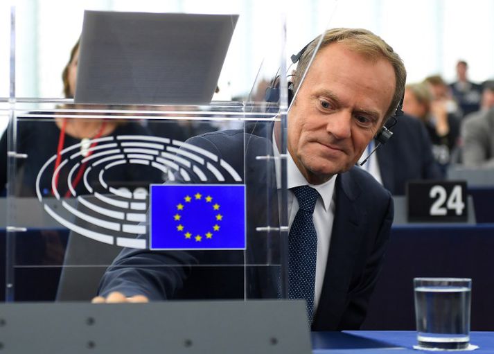 Donald Tusk, forseti leiðtogaráðs ESB, í þingsal Evrópuþingsins í Strasbourg í morgun.