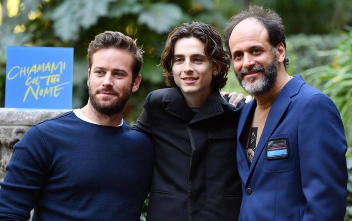 Hammer ásamt kollega sínum Timothee Chalamet og ítalska leikstjóranum Luca Guadagnino árið 2018 við útgáfu Call me by your name.