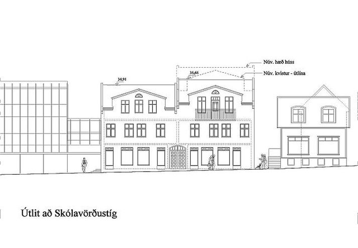 Skólavörðustígur 13. Sameina á húsin tvö og lækka húsið til hægri til samræmis við hitt húsið. Punktalínurnar sýna núverandi útlínur efstu hæðarinnar en óbrotna línan hvernig ætlunin er að húsið líti út.