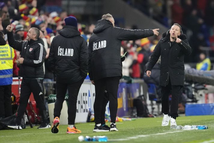 Craig Bellamy veifaði fingri þegar Davíð Snorri Jónasson, aðstoðarlandsliðsþjálfari, mótmælti þriðja marki Wales í gær. Davíð Snorri fékk að lokum gult spjald, eins og Bellamy hafði reyndar fengið fyrr í leiknum.